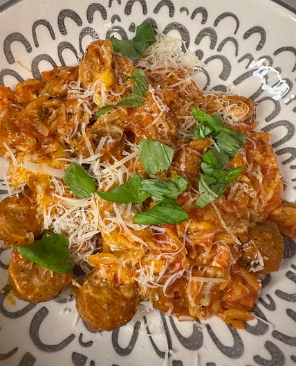 One Pot Chicken Sausage Baked Orzo