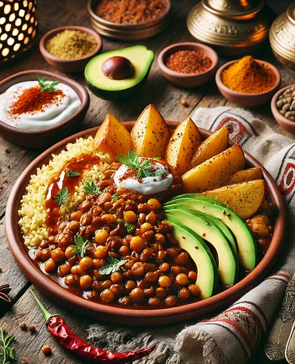 Moroccan style lentils with couscous and potatos with gravy