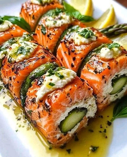 Asparagus & Lemon Basil Ricotta Stuffed Salmon Rolls