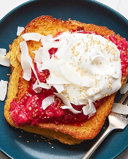 Stuffed French Toast With Coconut-Cardamom Filling and Raspberry-Rhubarb Compote