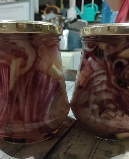 Red pickled onions.