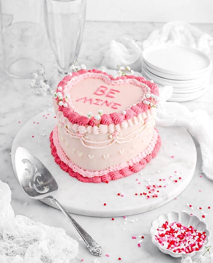 Vintage-Style Heart Shaped Pink Velvet Cake with Cream Cheese Frosting