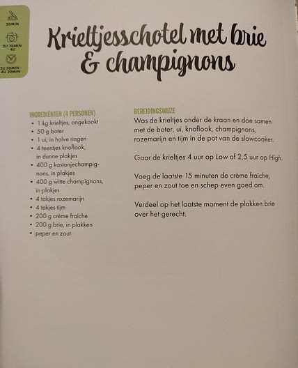 Krieltjesschotel met brie en champignons