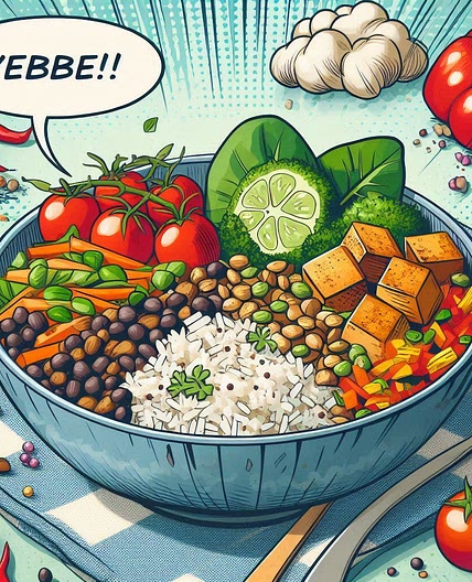 Rice and Lentil Bowl with Tofu and Mixed Vegetables