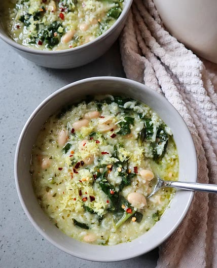 White Bean, Pesto, and Lemon Soup with Rice