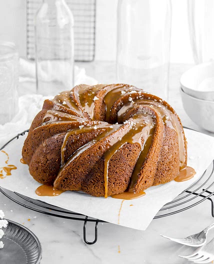 Mocha Swirled Bundt Cake with Salted Caramel Sauce