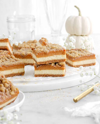 Layered Pumpkin Pie Maple Cheesecake Bars with Cinnamon Streusel