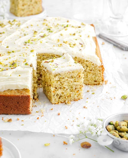 Pistachio Sheet Cake with White Chocolate Buttercream Frosting