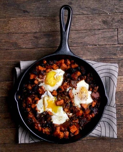 Sweet Potato Hash with Chorizo, Caramelized Onions, and Eggs