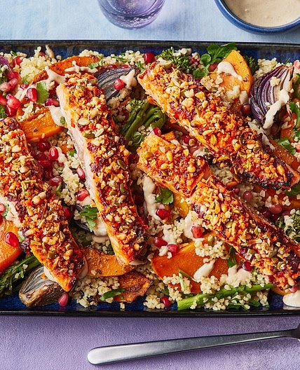 Harissa salmon and cardamom squash with lime and coriander bulgur wheat