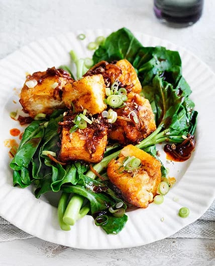 Tofu with chilli jam and spring onions