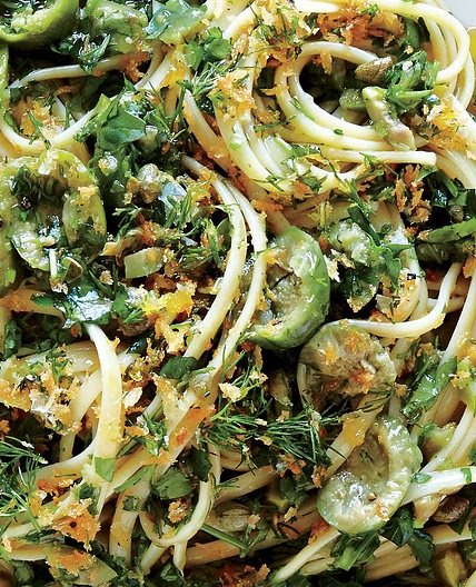 Linguine with Green Olive Sauce and Zesty Breadcrumbs