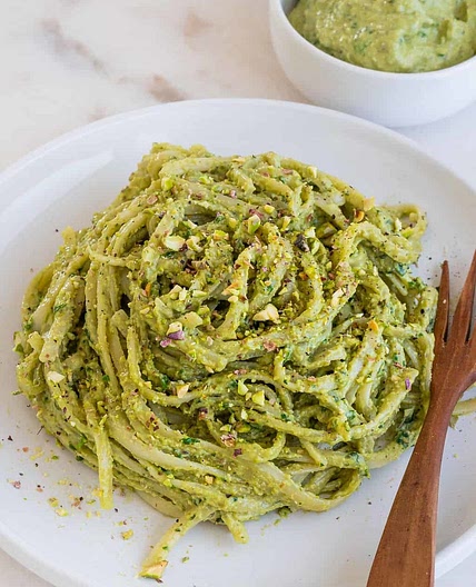 Whole wheat pasta with an avocado pesto sauce