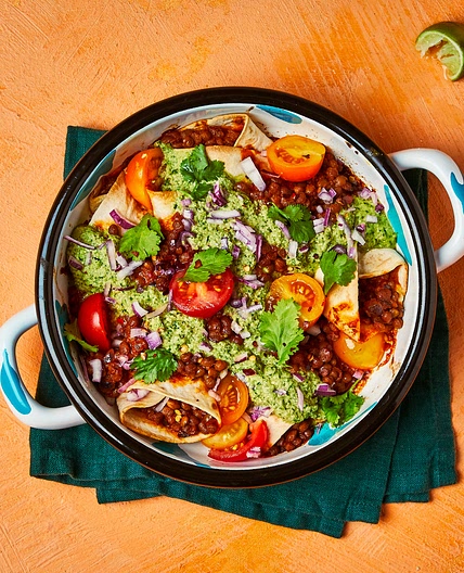 Lentil Enchiladas With Roasted Pepper & Cashew Crema