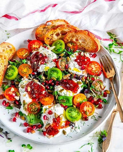 Tomato Pomegranate Burrata Salad