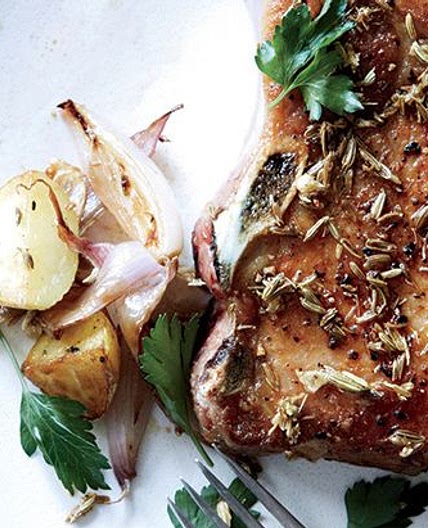 Fennel-Crusted Pork Chops with Potatoes and Shallots