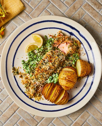 Herb-Crusted Salmon With Hasselback Potatoes