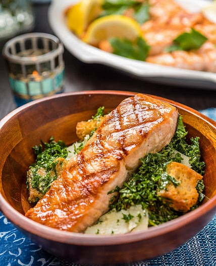 Shredded Kale Caesar Salad with Grilled Salmon