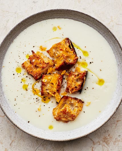 Creamy Cauliflower Soup With Cheesy Mustard Croutons