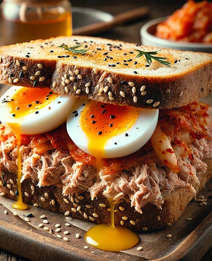 Sandwich atún, kimchi y huevo