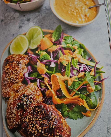 SESAME CHICKEN THIGHS WITH SPICY SATAY SLAW