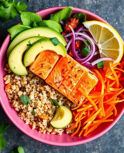 Poke Bowl al Salmone e Avocado con Riso Integrale e Verdure Croccanti