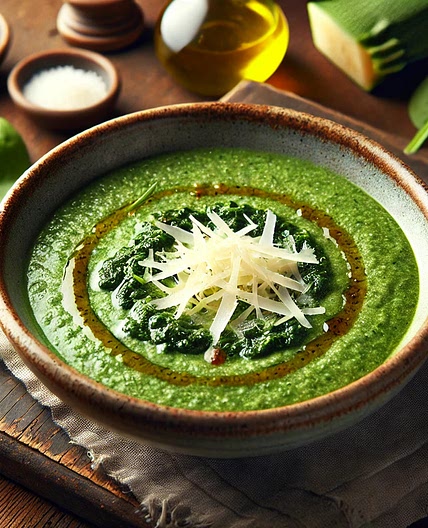 Crema de calabacín, espinacas y guisantes