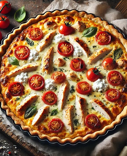Quiche poulet mariné, chèvre et tomate cerise