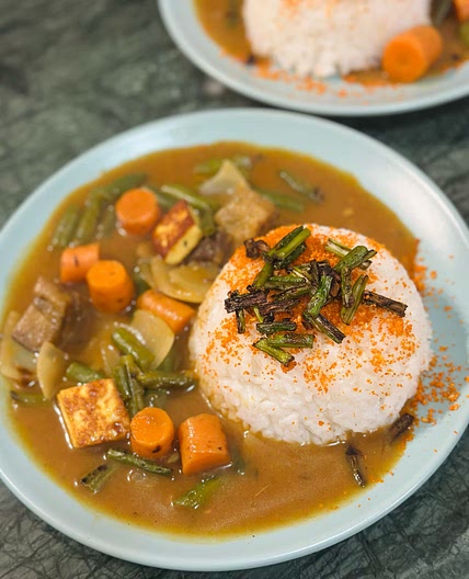 Japanese curry with burnt garlic asparagus