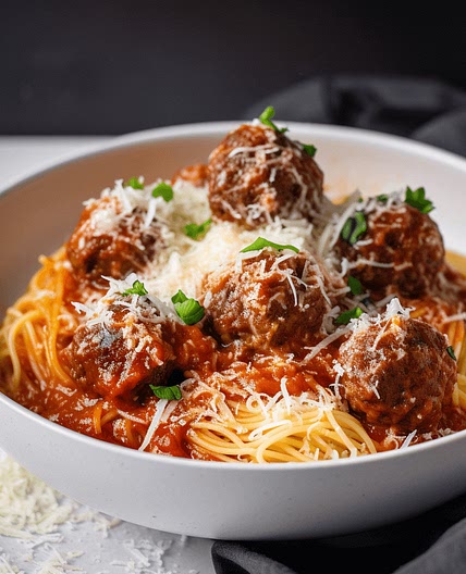 Angel Hair with Garlicky Red Sauce & Crispy Pan-Fried Meatballs