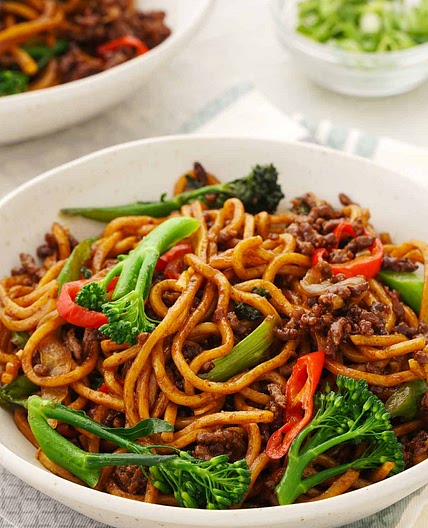 Chili Crisp Peanut Noodles with Beef and Broccolini