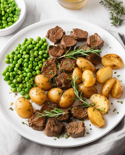 Rosemary Garlic Beef Tips with Lemon Butter Peas & Potatoes