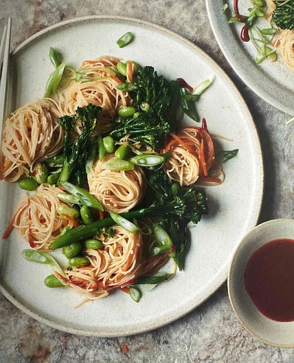 Linda’s Rice Noodles, Edamame, Broccolini, Ginger & Garlic