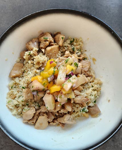 Lemon Ginger Chicken with Coconut Cauli Rice & Pineapple Mango Salsa
