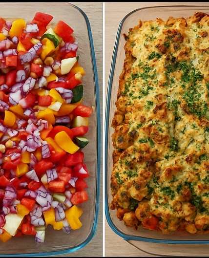 Überbackenes Ofengemüse mit Hähnchen, Kichererbsen und Hüttenkäse - Feta Creme