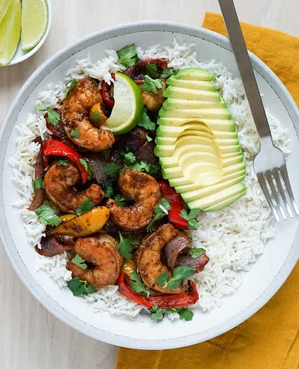Sheet Pan Shrimp Fajita Rice Bowl with Avocado, Lime & Cilantro
