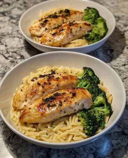 Creamy Garlic Chicken with Broccoli Orzo