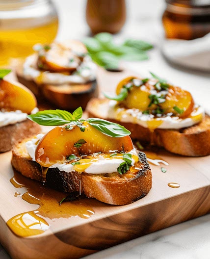 Grilled Peach & Burrata Crostini with Hot Honey