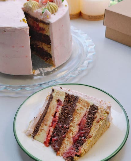 Chocolate Pistachio Strawberry Mousse Cake