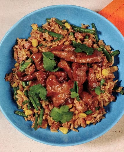 Mongolian Beef and Bacon Fried Rice with Green Beans & Coriander