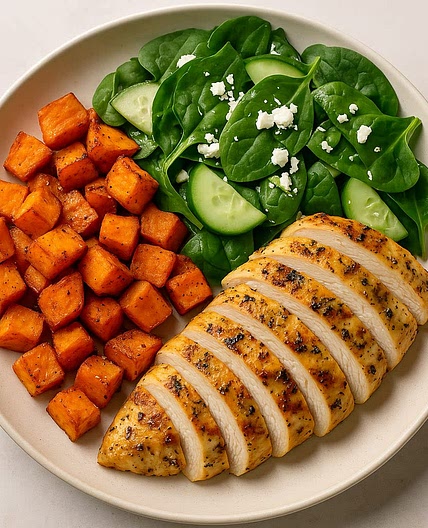 Lemon Herb Chicken with Roasted Sweet Potatoes & Spinach Salad