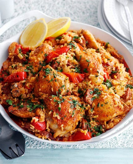 Baked Spanish rice with chicken and chorizo