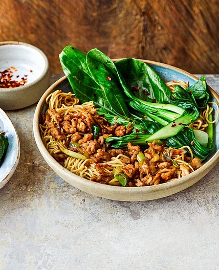 Crispy pork noodles with chilli greens