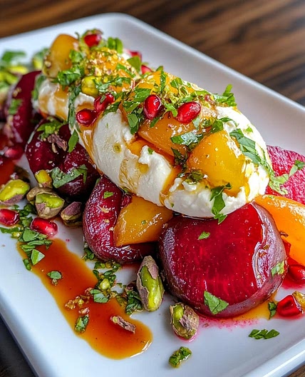 BURRATA & ROASTED BEET SALAD WITH POMEGRANATE GLAZE & PISTACHIOS