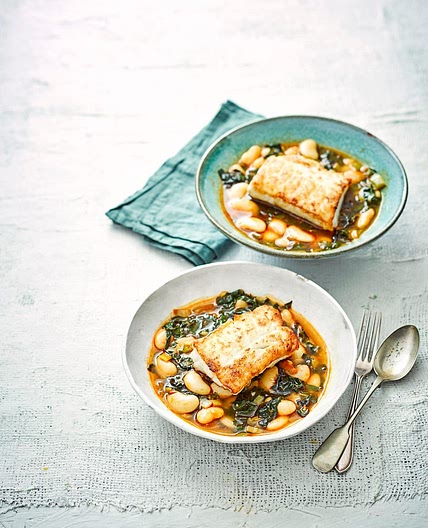Pan-fried cod with giant beans and chard