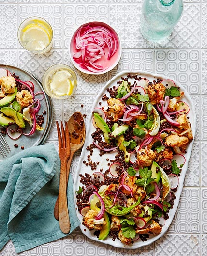 Miso roasted cauliflower, avocado and lentil salad