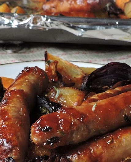 Sticky Sausage Tray Bake