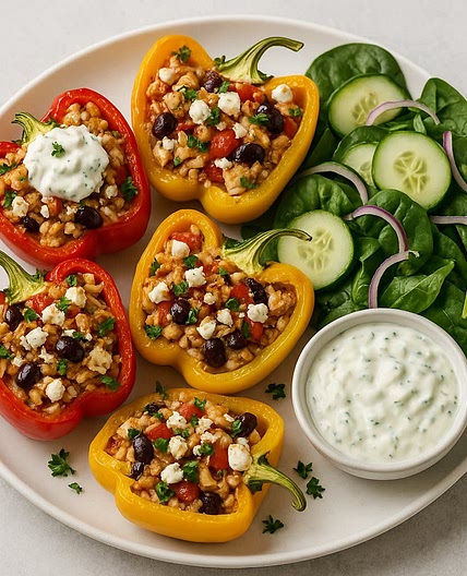 Mediterranean Stuffed Peppers with Spinach Salad & Tzatziki 