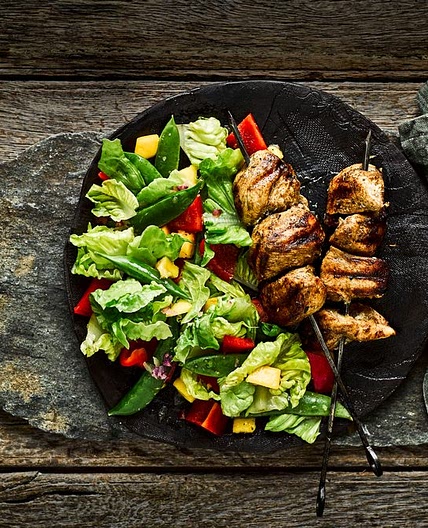 Jerk chicken skewers with mango salad