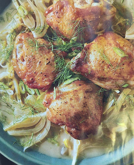 Crispy Chicken Thighs with Melted Fennel and Leeks